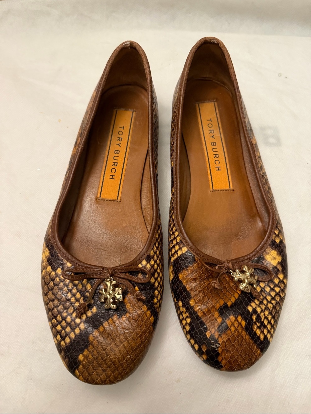 Tory Burch Brown & Tan Snakeskin-Print Ballet Flats with Gold Logo Charm, pre-ow